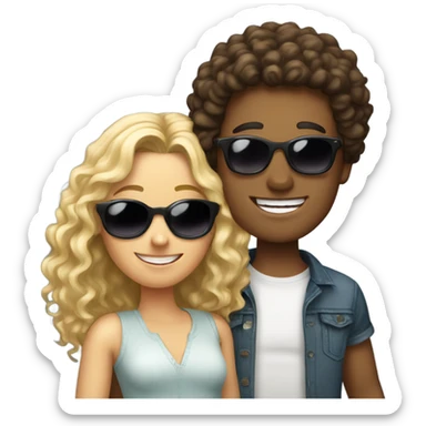 happy long curly hair brunette boy in sunglasses and happy blonde girl sticker
