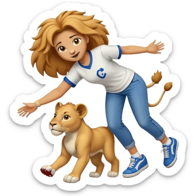 friendly anthropomorphised female lion wearing a baseball shirt, jeans, and trainers, helping another character up after falling down sticker