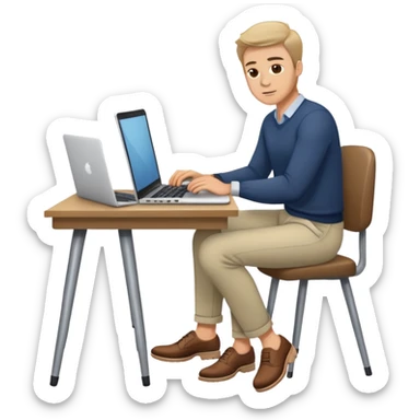 white Guy wearing trousers and shoes, sitting at desk working on a laptop  sticker