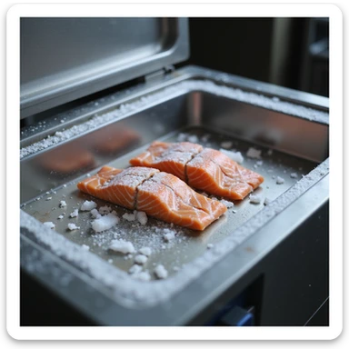 detailed realistic 4K image of professional blast chiller open with salmon fillets neatly arranged and frost on metal surfaces sticker