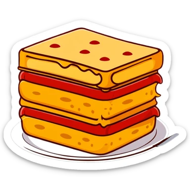 A slice of lasagna with cheese pulling and tomato sauce visible between layers sticker