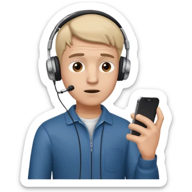 confused guy headphones on and with phone in hand turned to left quaterly sticker