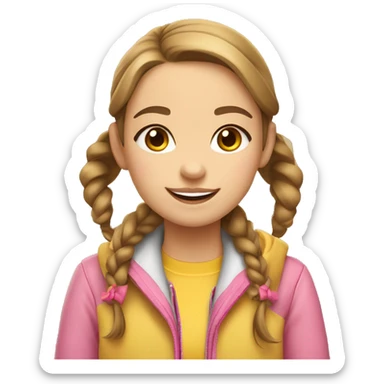 A girl with a smile, blue eyes, light skin, brown pigtails and two pink bows, in a yellow jacket sticker