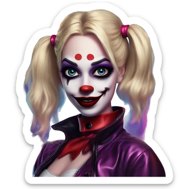 Synthwave Harley Quinn in Uncle Scrooge style, oil paint, mysterious eyes, intricate lips, masterpiece pose, beautiful, desirable, logical sticker