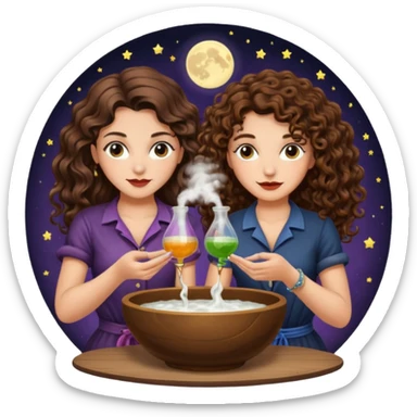 moon bowl mixing — long wavy brown hair tattooed woman and short tight curly brown hair woman — potion scene sticker