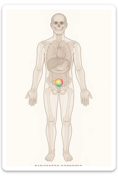 Vertical anatomical illustration of a human figure, front view, with the center of gravity (baricentro corporeo) marked by a bright colored sphere at the pelvis area. Semi-transparent layers reveal internal anatomy. Minimalist, clinical, educational style, white background. sticker
