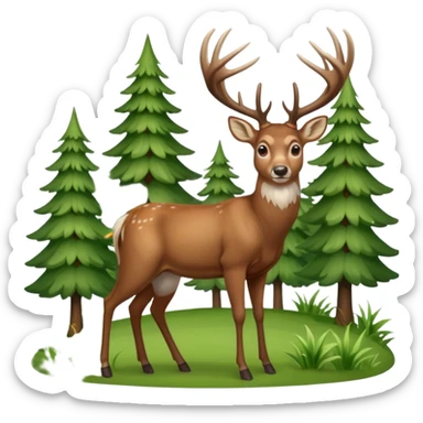 Whitetail buck standing on a hillside with trees and brush in the background. sticker