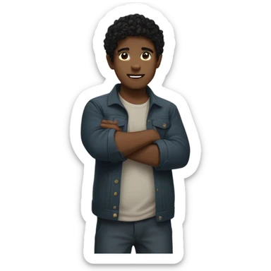 boy with short curly black hair, one hand is in a fist in front of his body, another hand is wrapped around it sticker