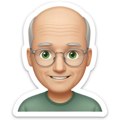 Balding man with receding hair, grey hair only on the sides, green eyes, rectangular reading glasses, rounded clear face, with a smile sticker