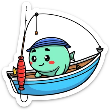 A cartoon fishing boat with a friendly face and tiny fishing rod sticker