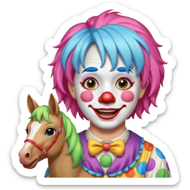 a crying but smiling and showing a peace sign clown face riding a horse sticker
