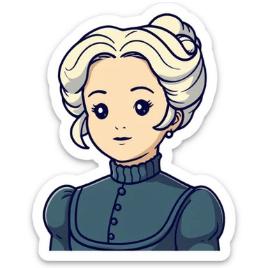 Victorian woman with white coiffed hair, modest turtleneck Victorian dress, and an awestruck expression sticker