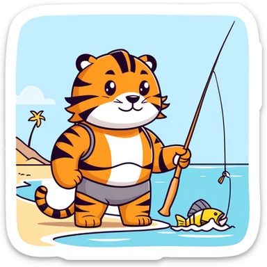Male Tiger wearing a helmet and bathing suit fishing at the beach.  sticker