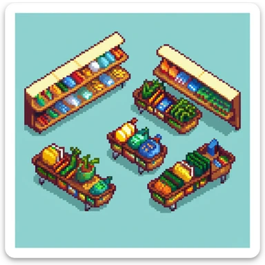 Isometric view of a supermarket with shelves of products, shopping carts, and checkout counters sticker