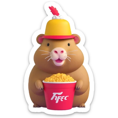 Capybara wearing a tiny KFC bucket as a hat on its head sticker