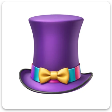 3D emoji of a tall purple top hat, vintage style, glossy finish, wide brim, colorful ribbon, whimsical and elegant, inspired by Willy Wonka, Apple-style cartoon, soft shadows, white background. sticker