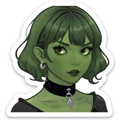 a pale white vampire girl with medium black wavy hair and bangs with brown eyes wearing black gothic clothing sticker