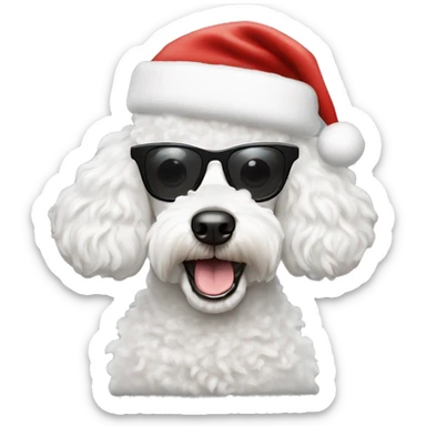 Create the face of white poodle wearing a santa hat and sunglasses sticker