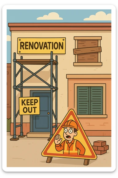 a building facade with visible renovation signs, scaffolding, and a cartoon construction sign, vibrant and inviting, cartoon style sticker