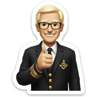 A modern blond retired senior, wearing glasses, English Freemason in a black lounge suit, giving a thumbs up , and smiling. He is wearing a Masonic jewel and medal.  sticker