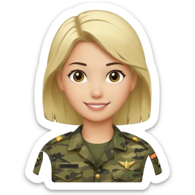 Apple-style emoji: female soldier, bust, no cap/helmet, friendly smile, generic camo top, blonde  black color hair sticker