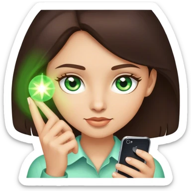 brunette girl with green eyes with phone sticker