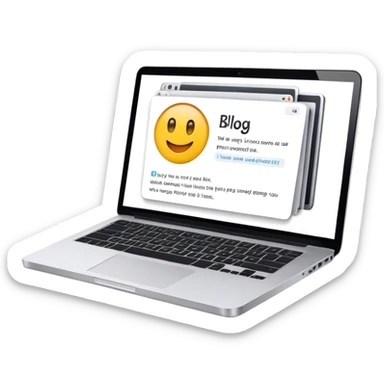 Create an emoji representing blogging. The design should feature an open laptop with a visible blog post on the screen, showing text. Add a photo or video camera to emphasize multimedia content. Do not include any emojis or smiley faces. Make the background transparent. sticker