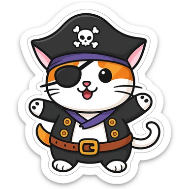 Add an eyepatch to the pirate cat waving, in the style of sticker (cartoonish stickers). Keep the sticker style and no background. sticker