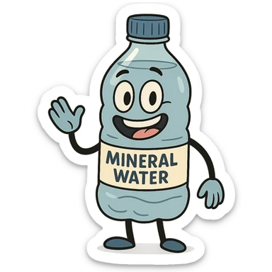 a cartoon mineral water bottle with a smiling face, friendly and cute sticker