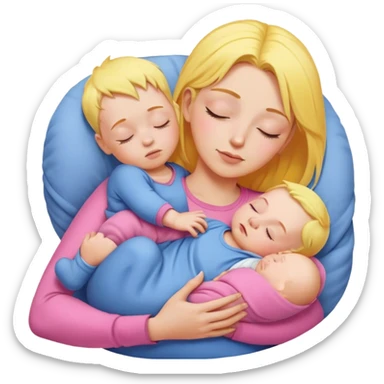 Mother holding baby, mother with yellow hair and pink clothes, baby in blue clothes is sleeping sticker