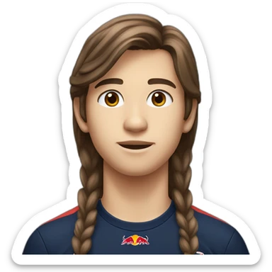 A 15 years old boy with long-brown hair and red bull  racing t-shirt sticker