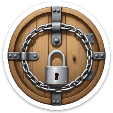 A heavy metal chain wrapped around a round wooden door with a padlock securing it sticker