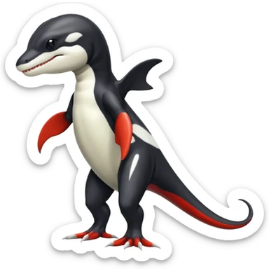 Black and white Orca-reptile-reptilian-lizard-skink-gecko-Digimon-Fakémon-hybrid full body, two legs, two arms, claws, tail, with red stripe sticker