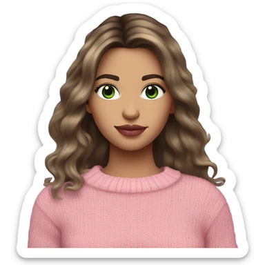 Brunette balayage long hair white woman green eyes pink sweater and pink lips  sticker