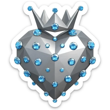 Minimalist 3D emoji based on image_e593fa.png: a large, sharp geometric heart made of cold, grey brushed steel. Integrated at the top is a severe geometric crown, densely set with small, sparkling light blue diamonds. Soft, even lighting, isolated on pure white background for sticker quality sticker