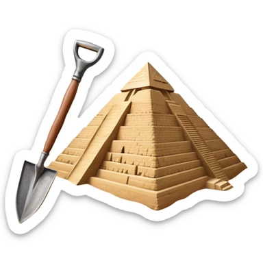 An icon showing archaeological tools like a trowel, brush, and pickaxe placed on sandy ground, with an Egyptian pyramid in the background. The design symbolizes excavation and discovery of ancient history, blending tools and iconic landmarks. Transparent background. sticker