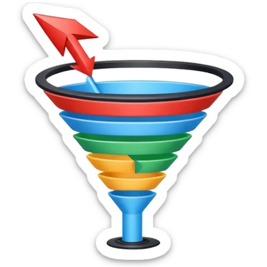 Minimalistic flat vector icon, iOS style, thin black contour on white background. Sales funnel shape with arrows pointing downward. Clean, no text, no shadows.
 sticker