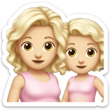 Brown eyes blond hair baby 1 year with grey eyes blond hair mummy in pink dress sticker