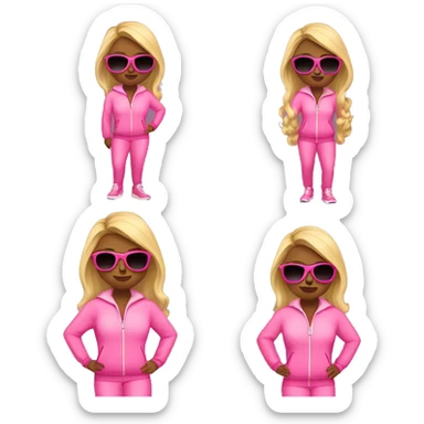 Blonde lady with pink track suit, shades, and a bag sticker