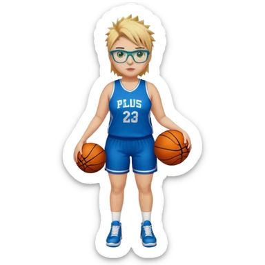 Full Body white plus size Girl with basketball spikey short brown and blonde hair  wearing blue glasses with green eyes wearing basketball uniform sticker