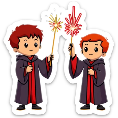 Fred and George Weasley with matching red hair and Gryffindor wizard robes, holding fireworks sticker