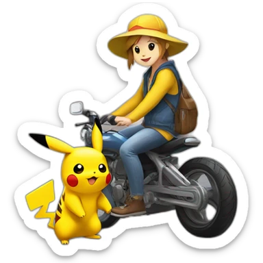 Pikachu en moto en train de faire une roue sticker