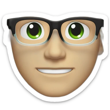 White man with clear glasses frames,swoopy black straight hair, blue-green eyes, smiling sticker