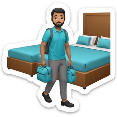 man with black short male hair and black hair and beard and hes in a office with his grey backpack on the floor and he has a tourquose polo shrit with gre dress pants and hes working at a hotel sticker