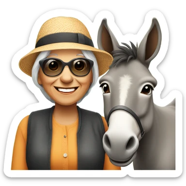 smiling younger grandma with hat and sunglasses outdoors with a donkey sticker