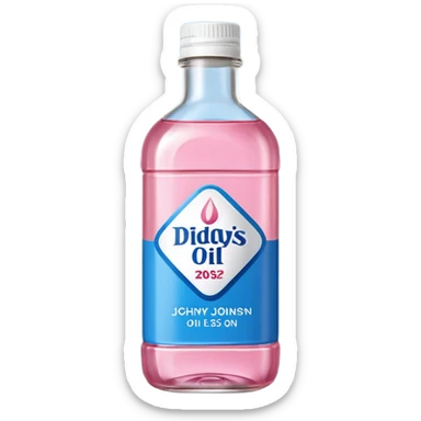 bottle of oil blue top pink outside with logo that says Diddys Oil Johnson and Johnson bottle  sticker
