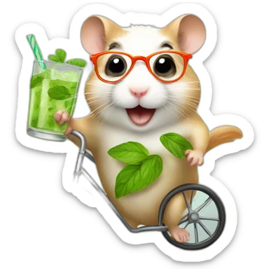 hamster with glasses running on a wheel drinking mojito sticker