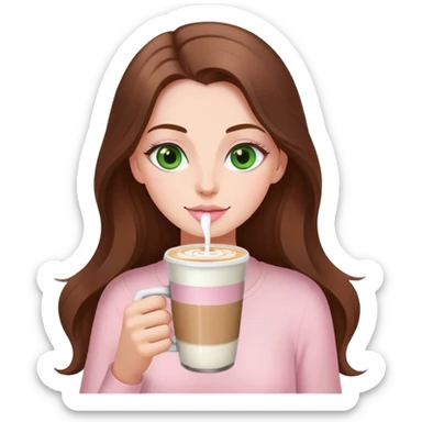 pretty woman with very long brown hair and green eyes and light pink outfit drinking a latte sticker