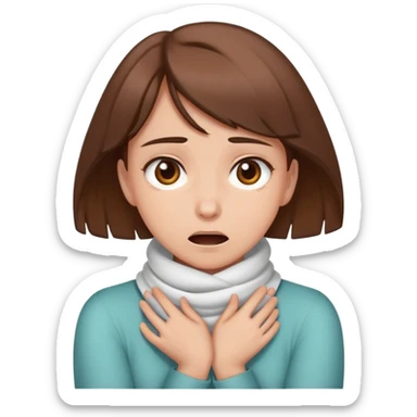 Girl with brown hair and eyes with hands wrapped around their neck, sarcastically choking themself sticker