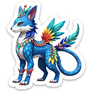 Kawaii cute colorful exotic tropical beautiful pretty elegant divine edgy feline-vernid-sergal-Fakémon-Pokémon-fursona-animal-creature with accessories, jewelries, full body, with intricate detailed markings, feathers, crystals, fins, headdress sticker